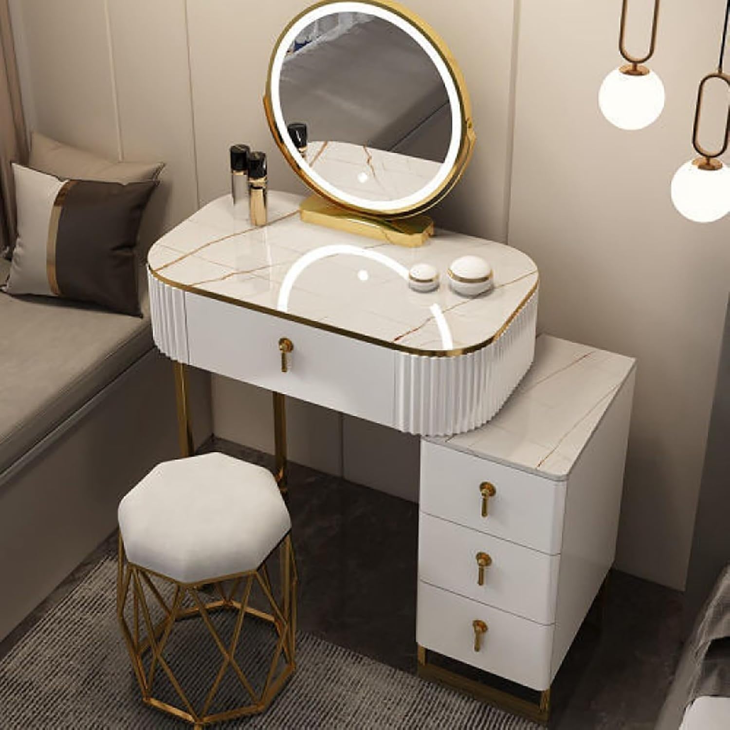 LED Vanity Table Set with Mirror & Stool – Modern Makeup Desk White Grey