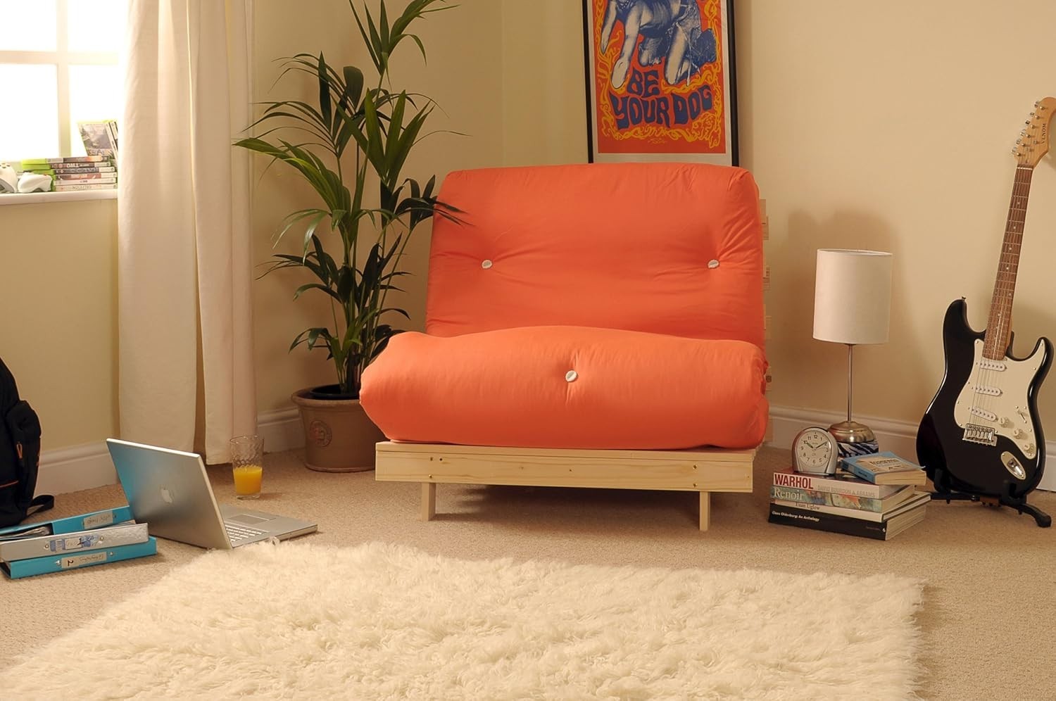Small Single Wooden Futon Bed with Orange Tufted Mattress Compact & Stylish