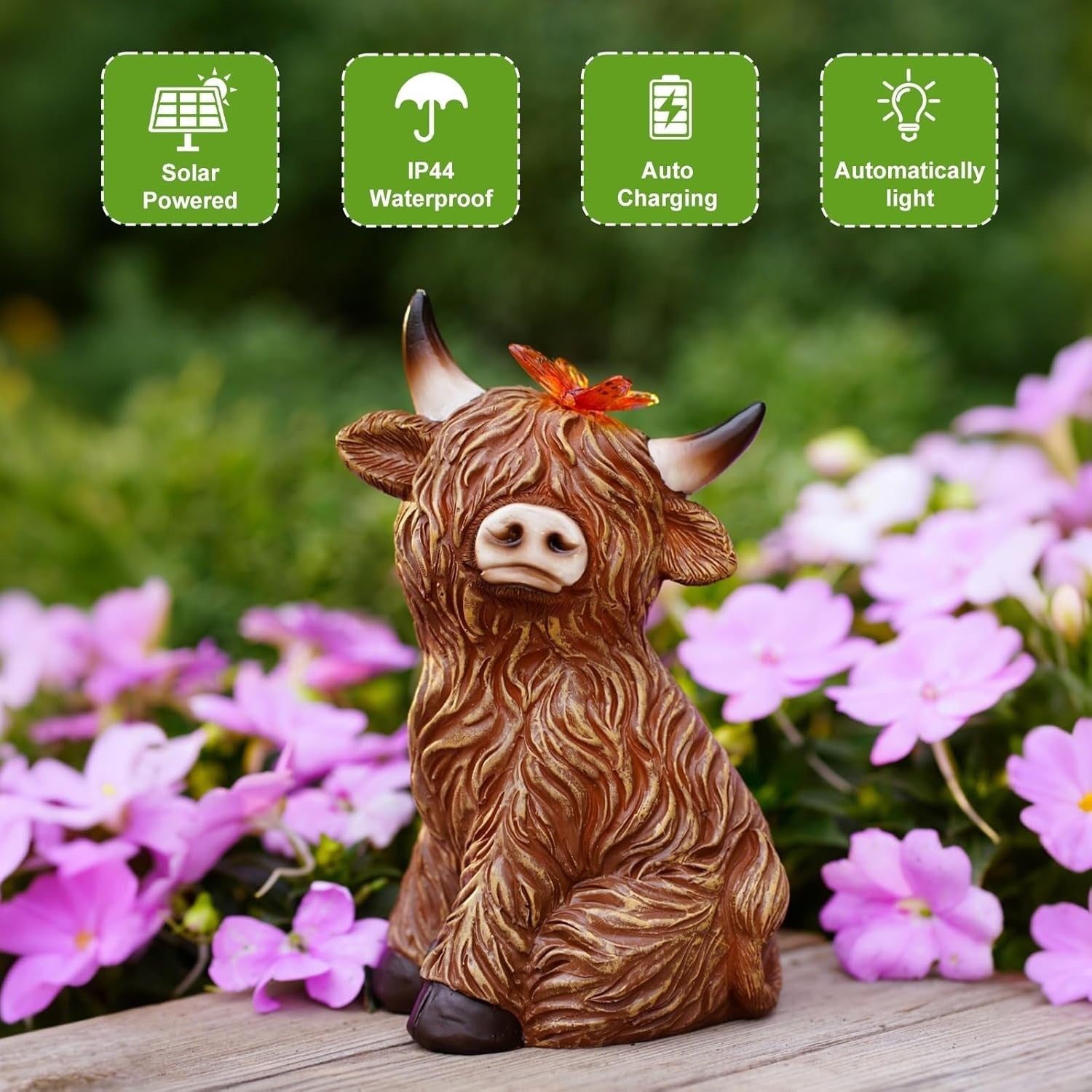 Solar Highland Cow Garden Ornament with Butterfly Light Resin Outdoor Decor