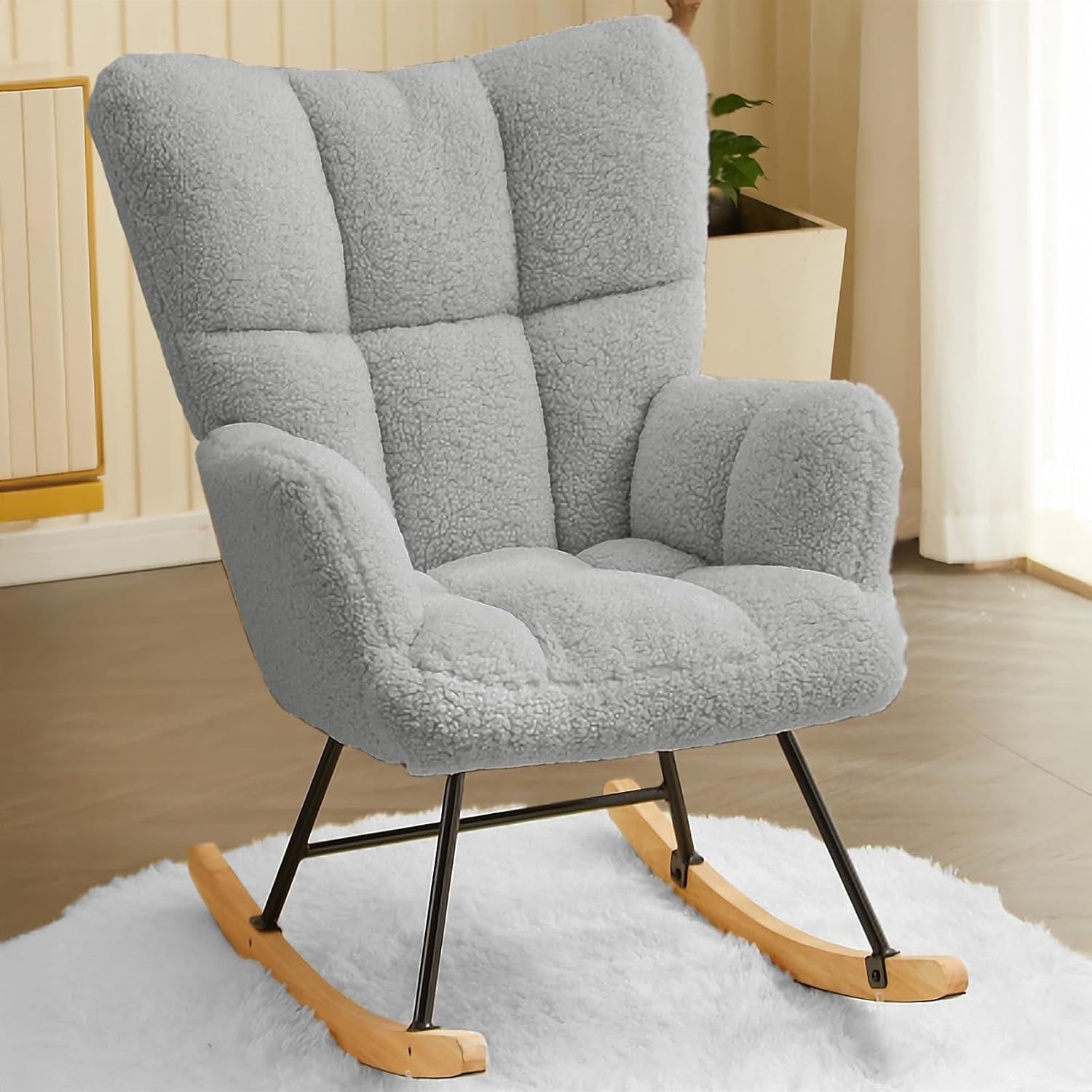 Lambswool Rocking Chair Grey Armchair High Back Comfy Nursery Lounge Seat