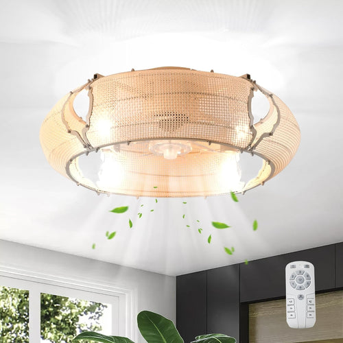 Boho Rattan Ceiling Fan Light 53CM, 6-Speed, APP, Remote, E27