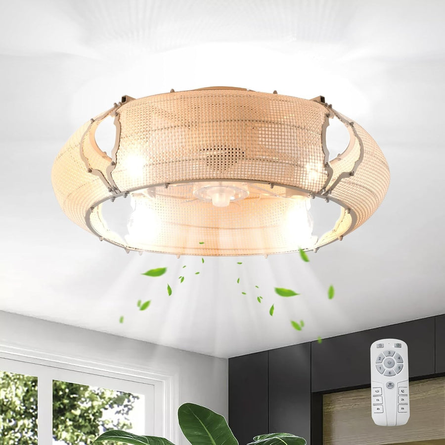 Boho Rattan Ceiling Fan Light 53CM, 6-Speed, APP, Remote, E27