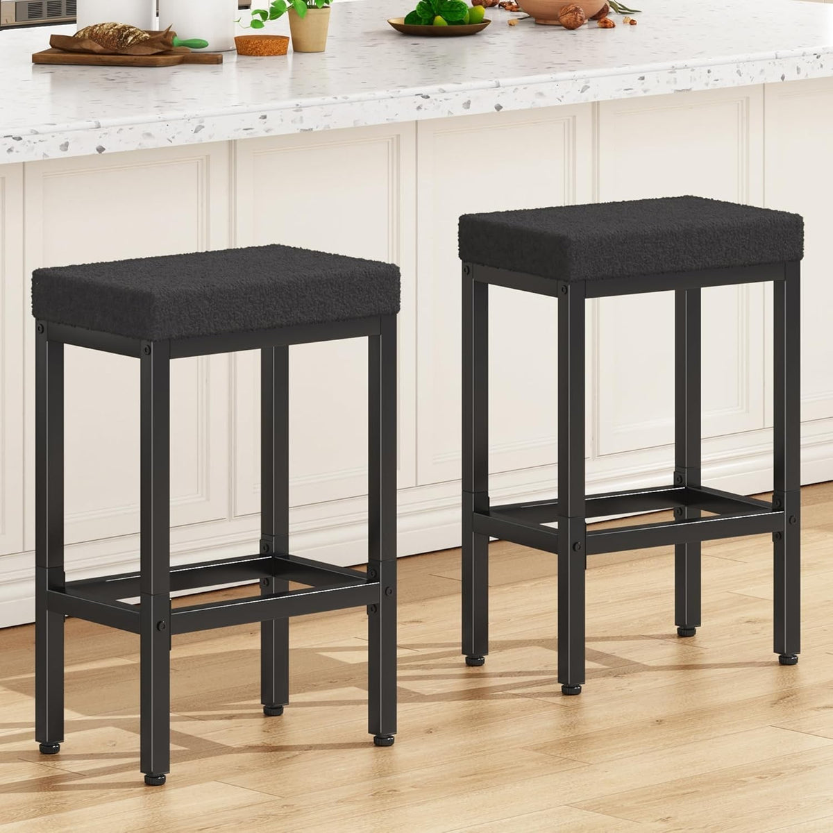 Black Bar Stools Set of 2 Counter Height Kitchen Chairs 66cm