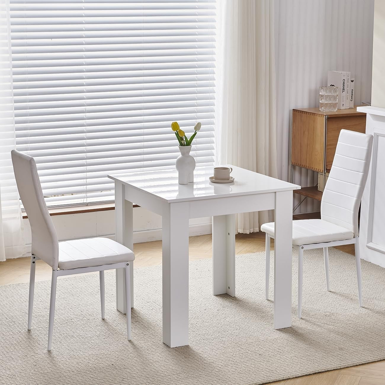 Space-Saving Modern White Dining Table & 2 PU Chairs Set for Small Rooms