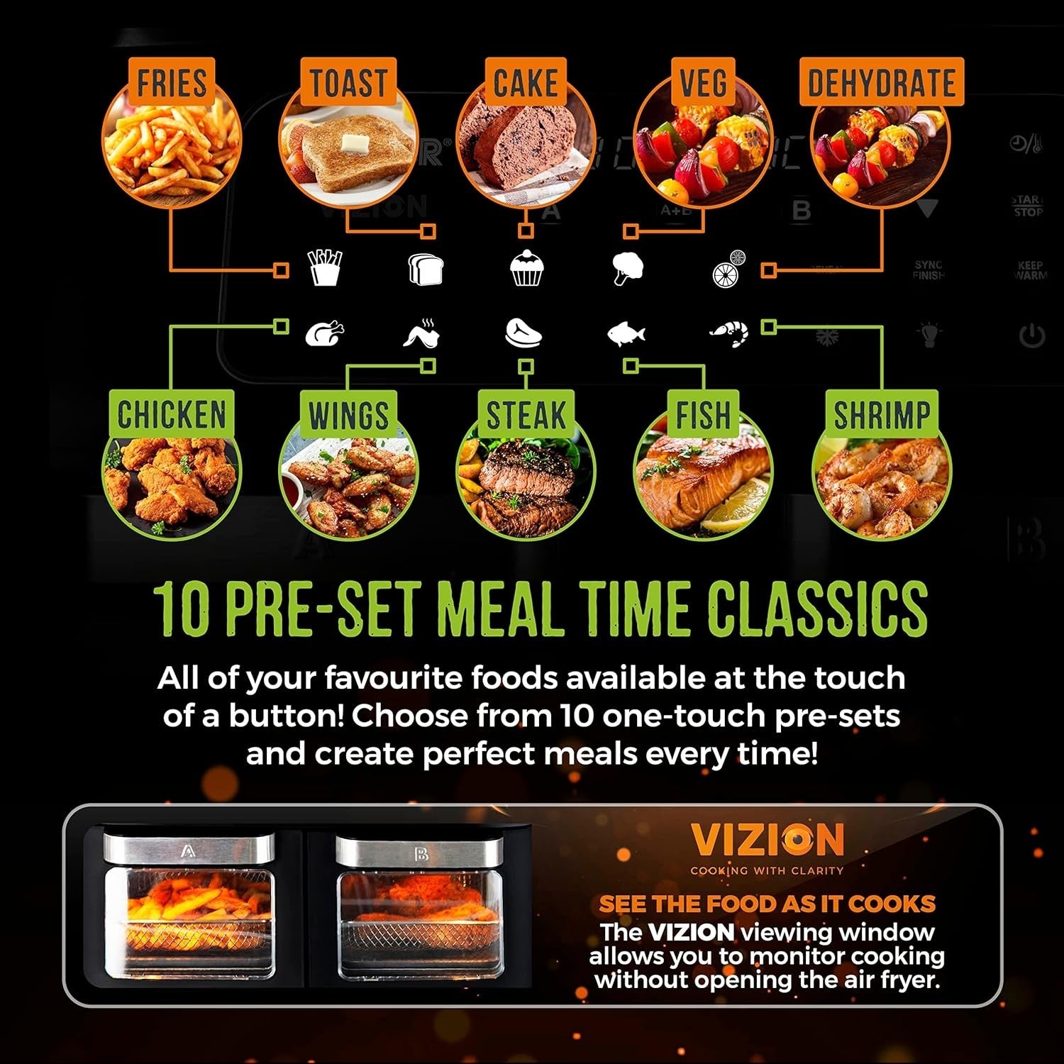 11L Dual Compartment Air Fryer Oven Touchscreen 10 Presets Dehydrate Grill