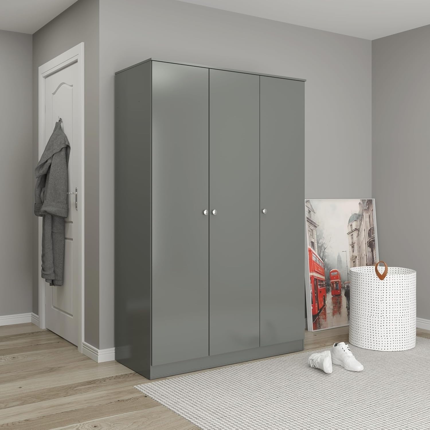 3 Door Grey Gloss Wardrobe Modern Storage Unit for Bedroom Clothes