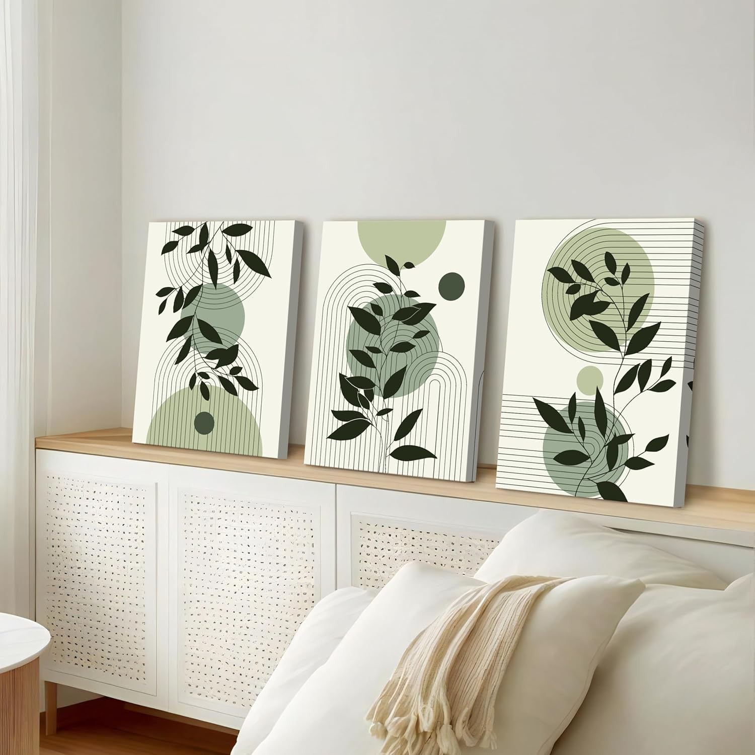 Boho Sage Green Framed Canvas Wall Art Set of 3 Leaf Prints Living Room Decor