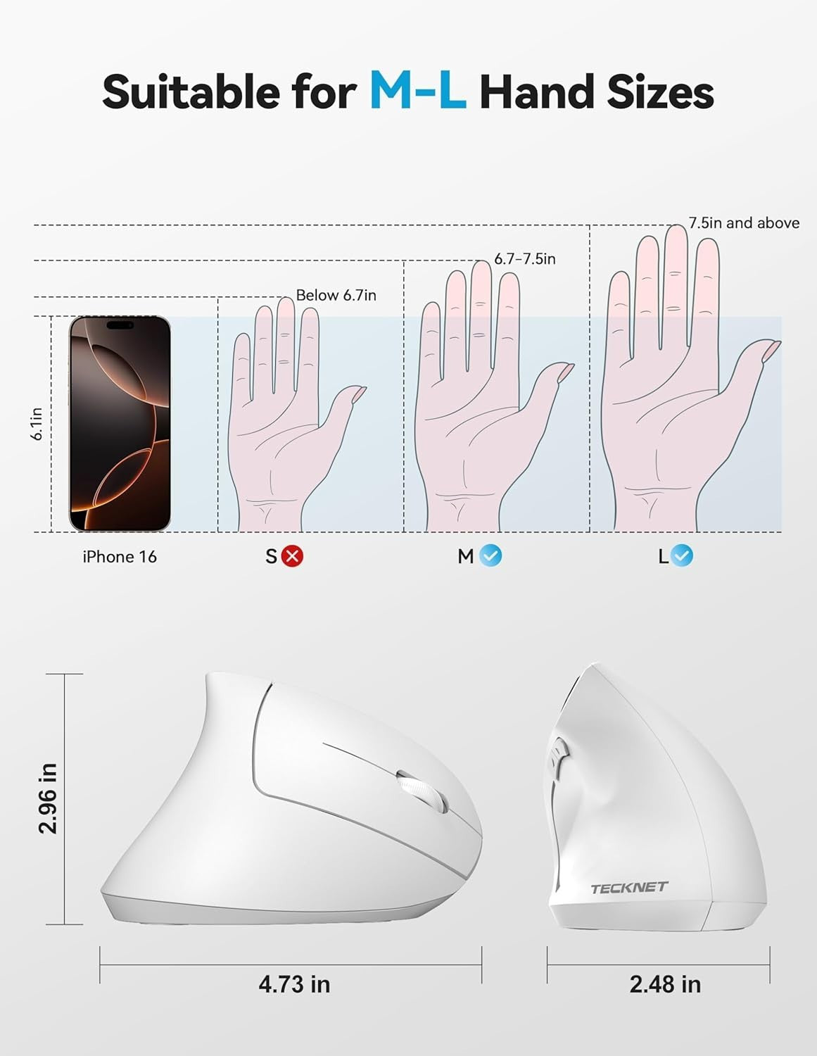 White Vertical Ergonomic Mouse Bluetooth Rechargeable 4800 DPI