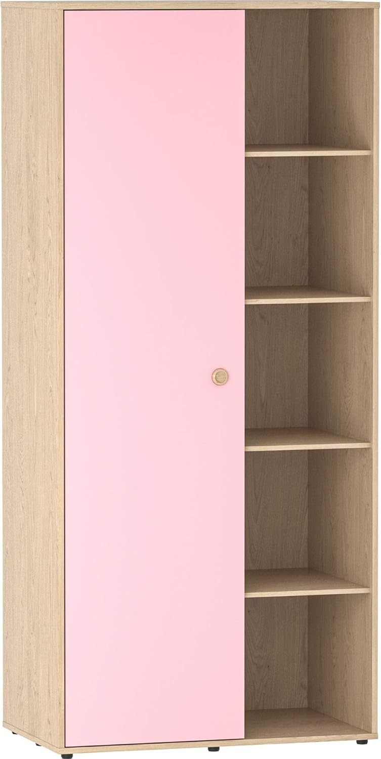 Kids 1-Door Wardrobe with Clothes Rails & Shelves – Durable Pink & Oak Storage