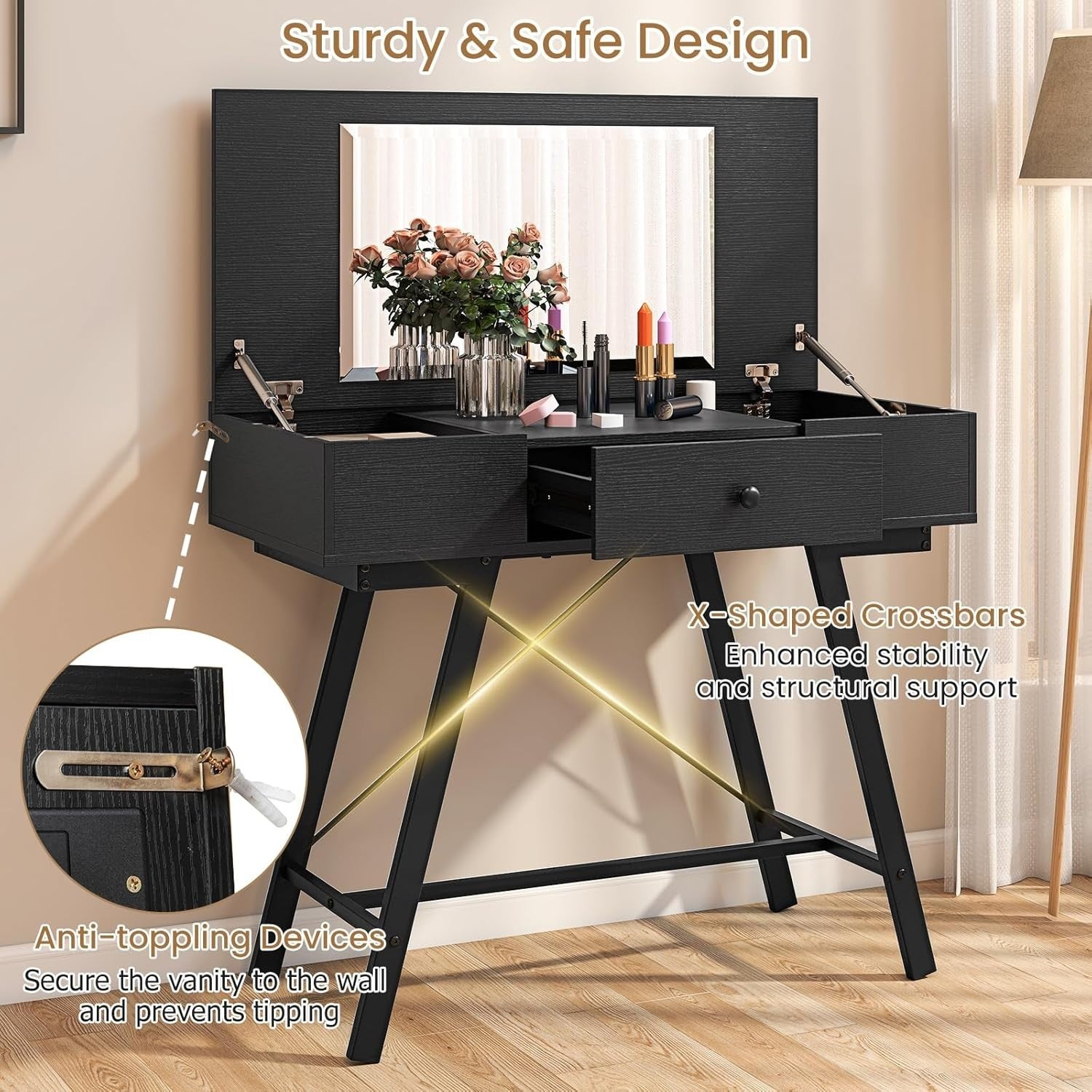 Dressing Table with Mirror Flip Top & Charging Station Vanity Desk Drawers