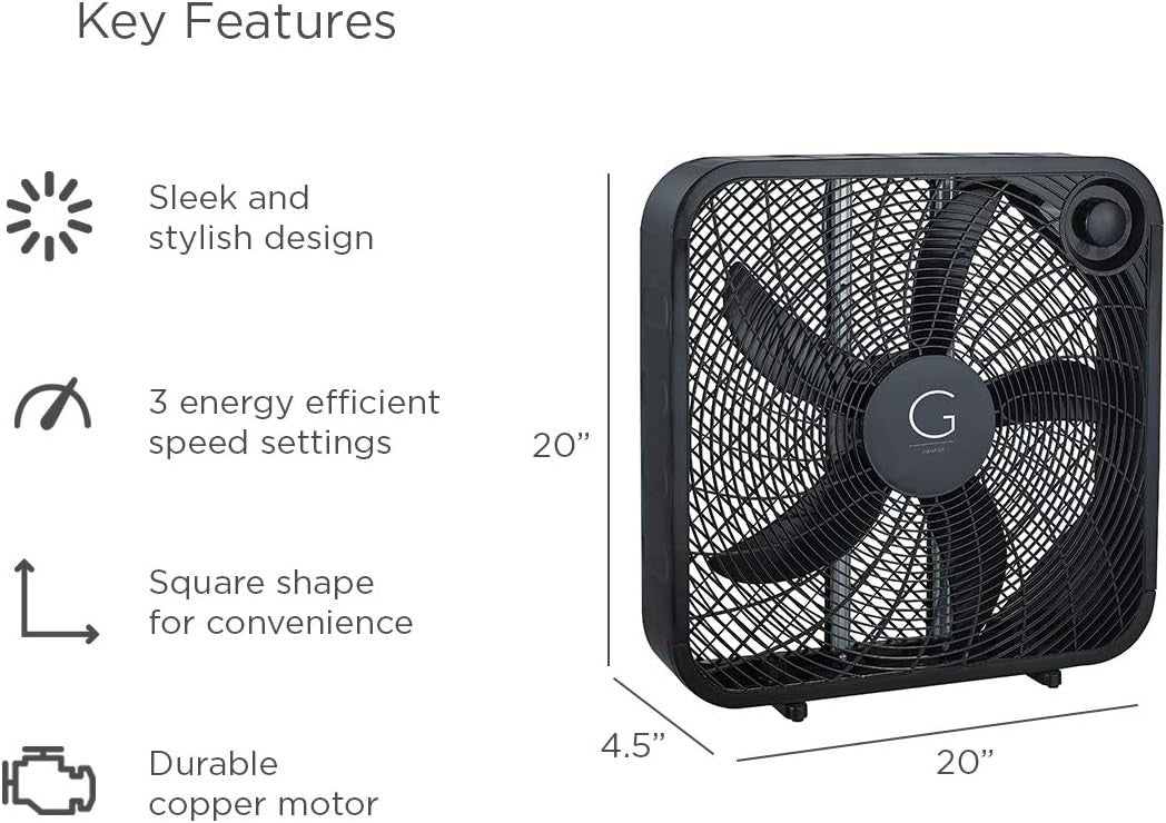 20" Box Fan – High Velocity Floor Cooling Fan 3-Speed Black for Home Office