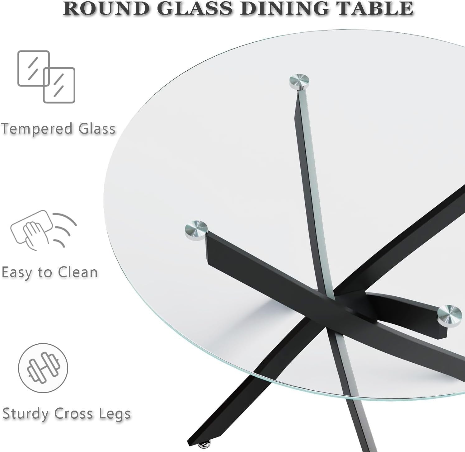100cm Round Glass Dining Table & 4 Velvet Chairs Black Metal Legs Set