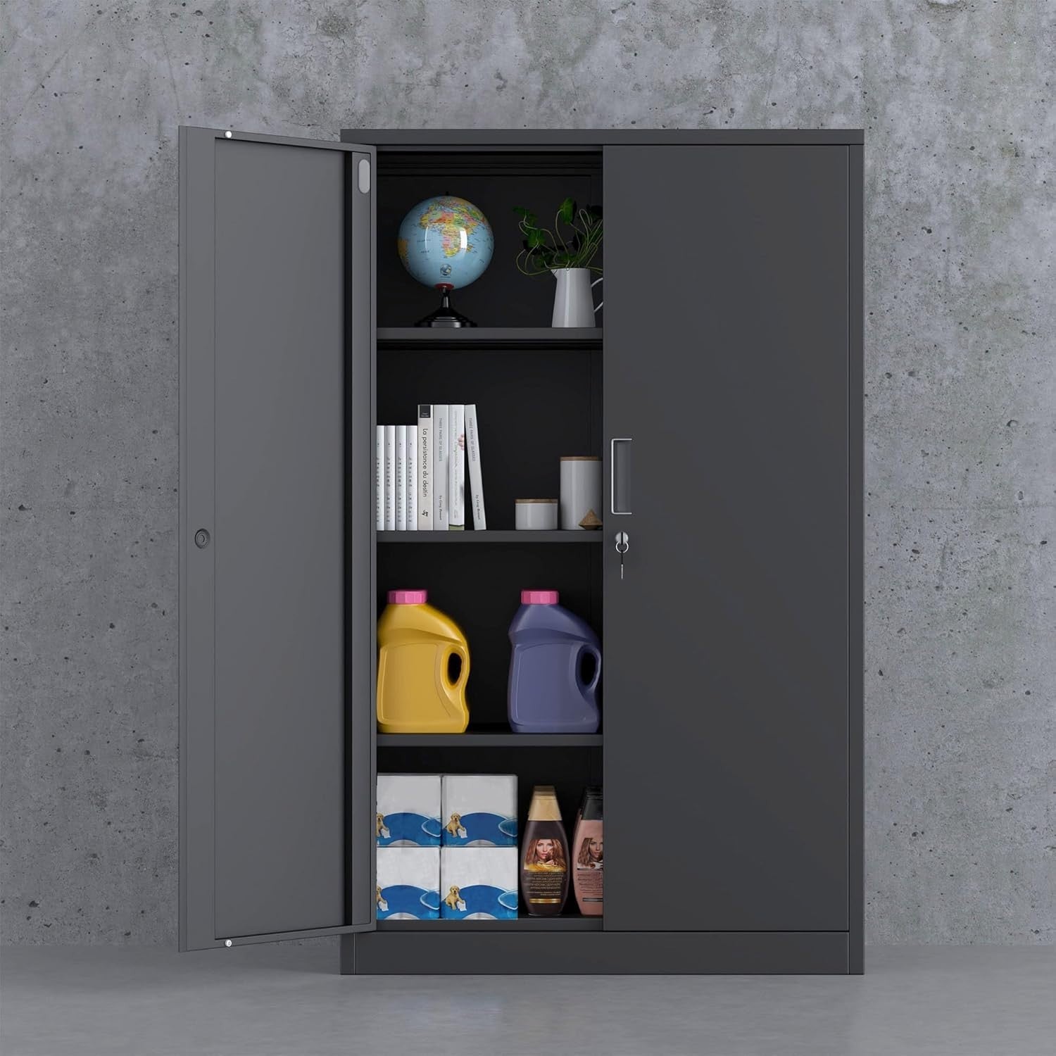 Black Metal Storage Cabinet Lockable 3 Shelf Office Garage Cupboard