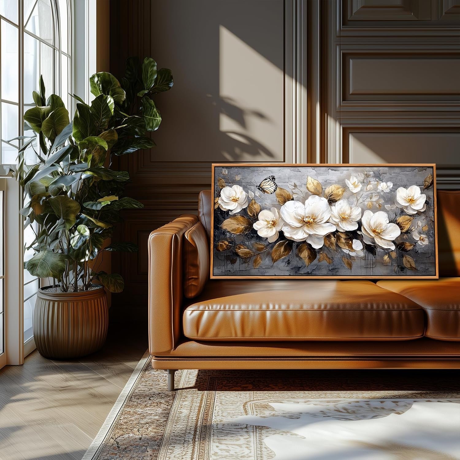Golden Flowers Canvas Wall Art Framed 100x50 cm Large Floral Decor