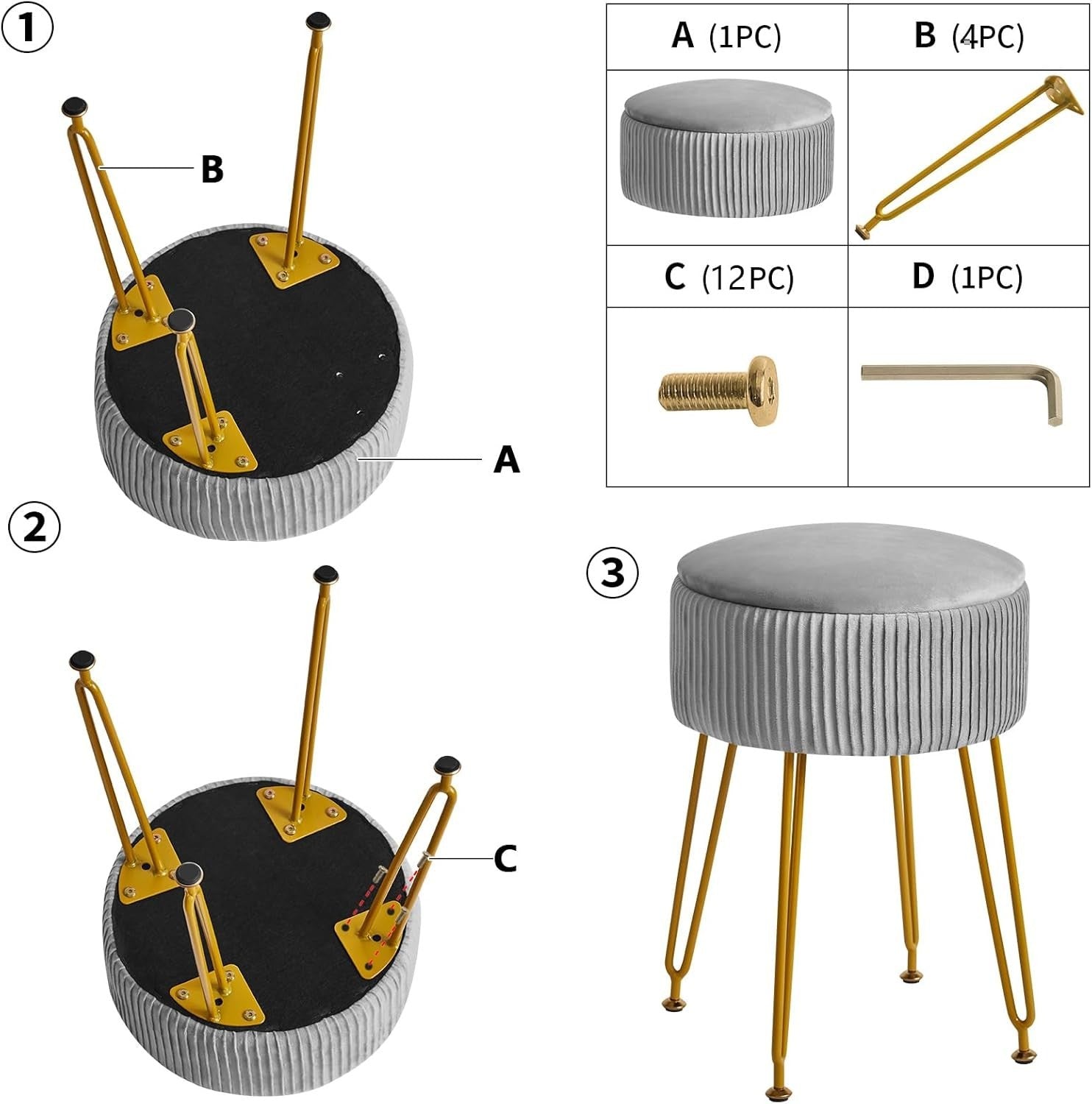 Grey Velvet Storage Footrest Ottoman – Round Vanity Stool with Gold Legs