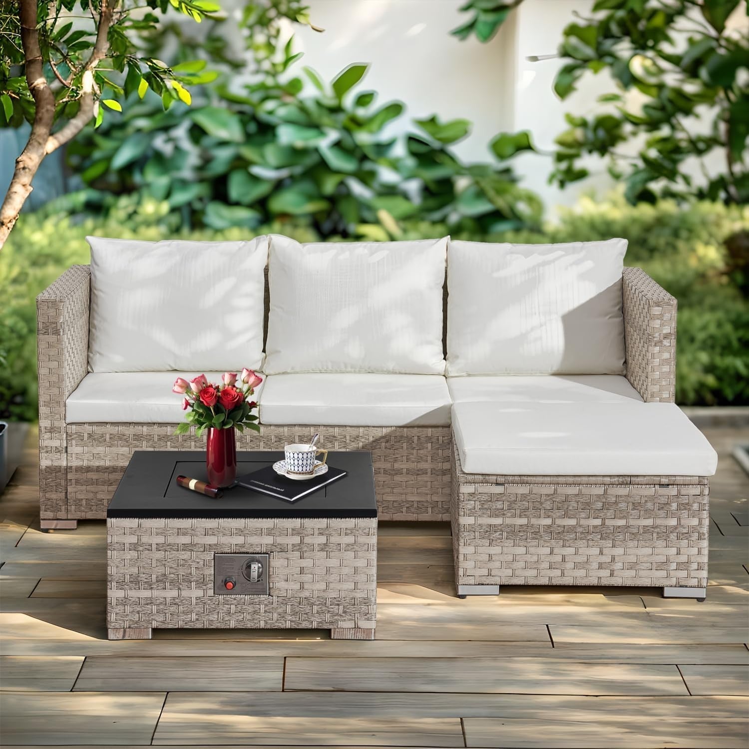 Outdoor 3-Piece Rattan Patio Fire Pit Set with Cushions & 40,000 BTU Table
