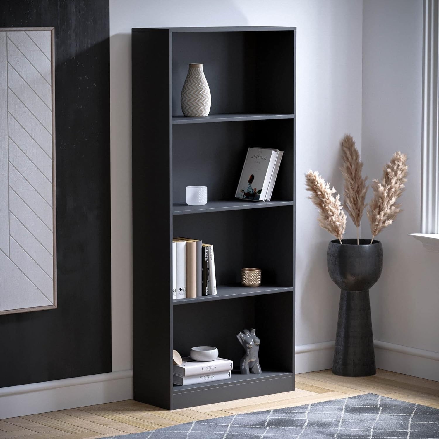 4 Tier Black Wooden Bookcase Modern Storage Display Shelf for Living Room