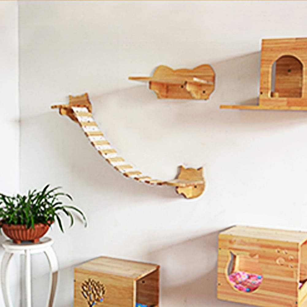 Wall Mounted Cat Climbing Shelves Wooden Perch Steps Space Saving Natural Wood