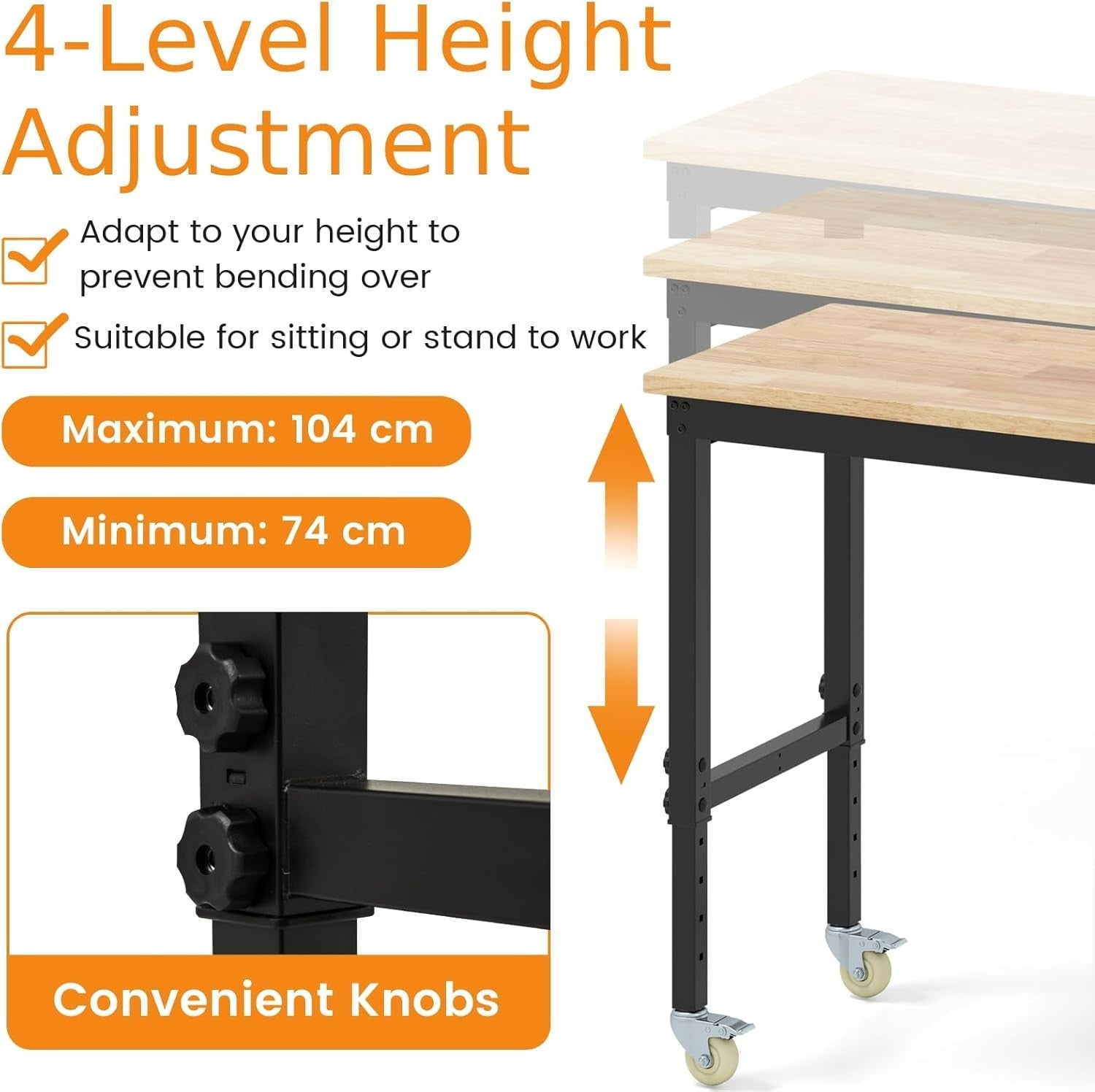 Height Adjustable Workbench 122x51cm Rolling Table 4-Level Rubberwood Top