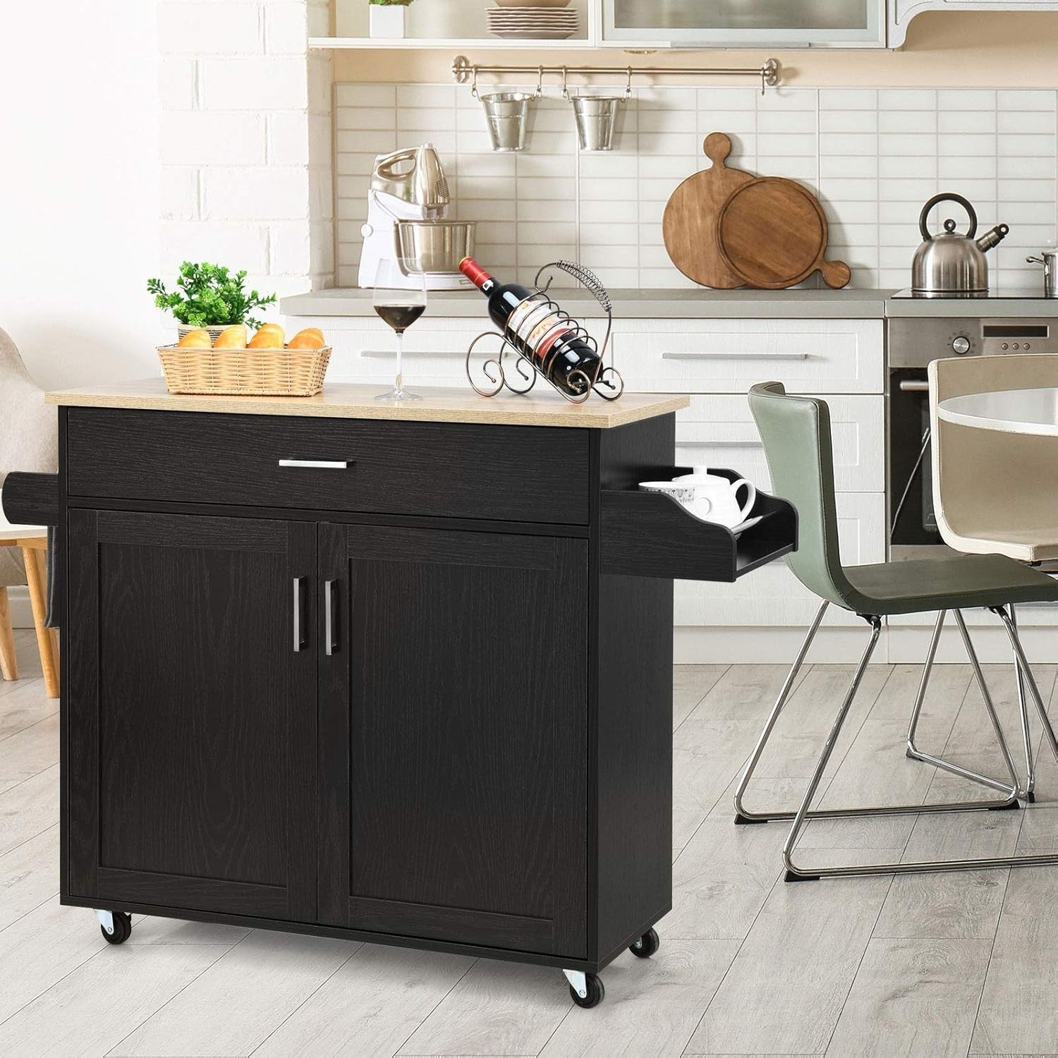 Large Kitchen Island Trolley Drawer Cabinet 116cm Black