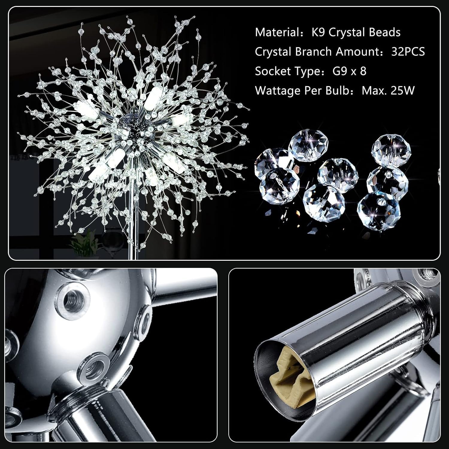 Modern Crystal Floor Lamp Chrome, 8-Light Firework Design, 170cm Tall