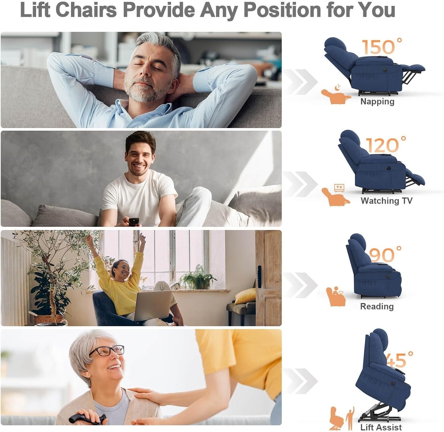 Set of 2 Lift Recliner Chairs Massage Heat USB Type-C Cup Holders Large Blue