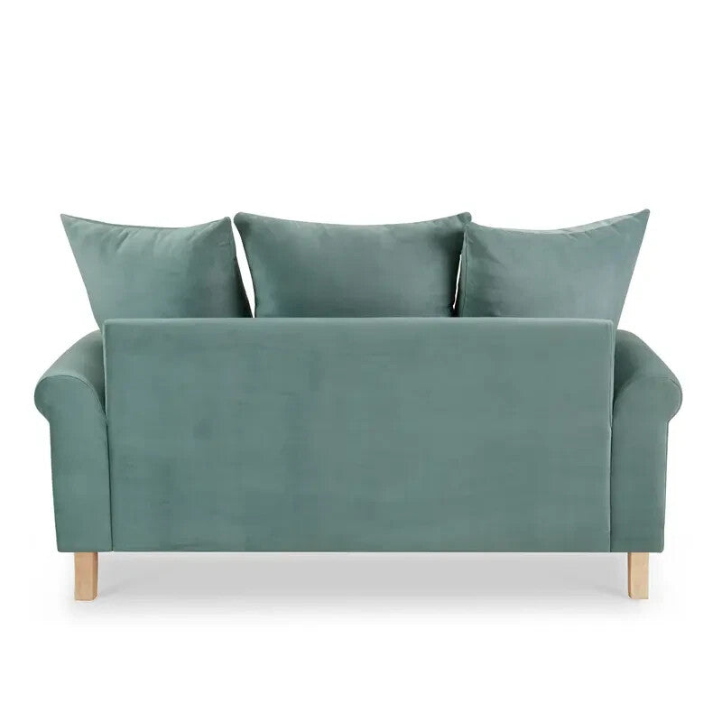 Teal Velvet 2 Seater Sofa Scatter Cushions Deep Seat Scroll Arms Wood Legs