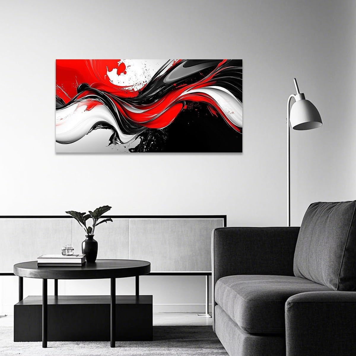 Large Red Black White Abstract Canvas Wall Art Framed 40x20cm