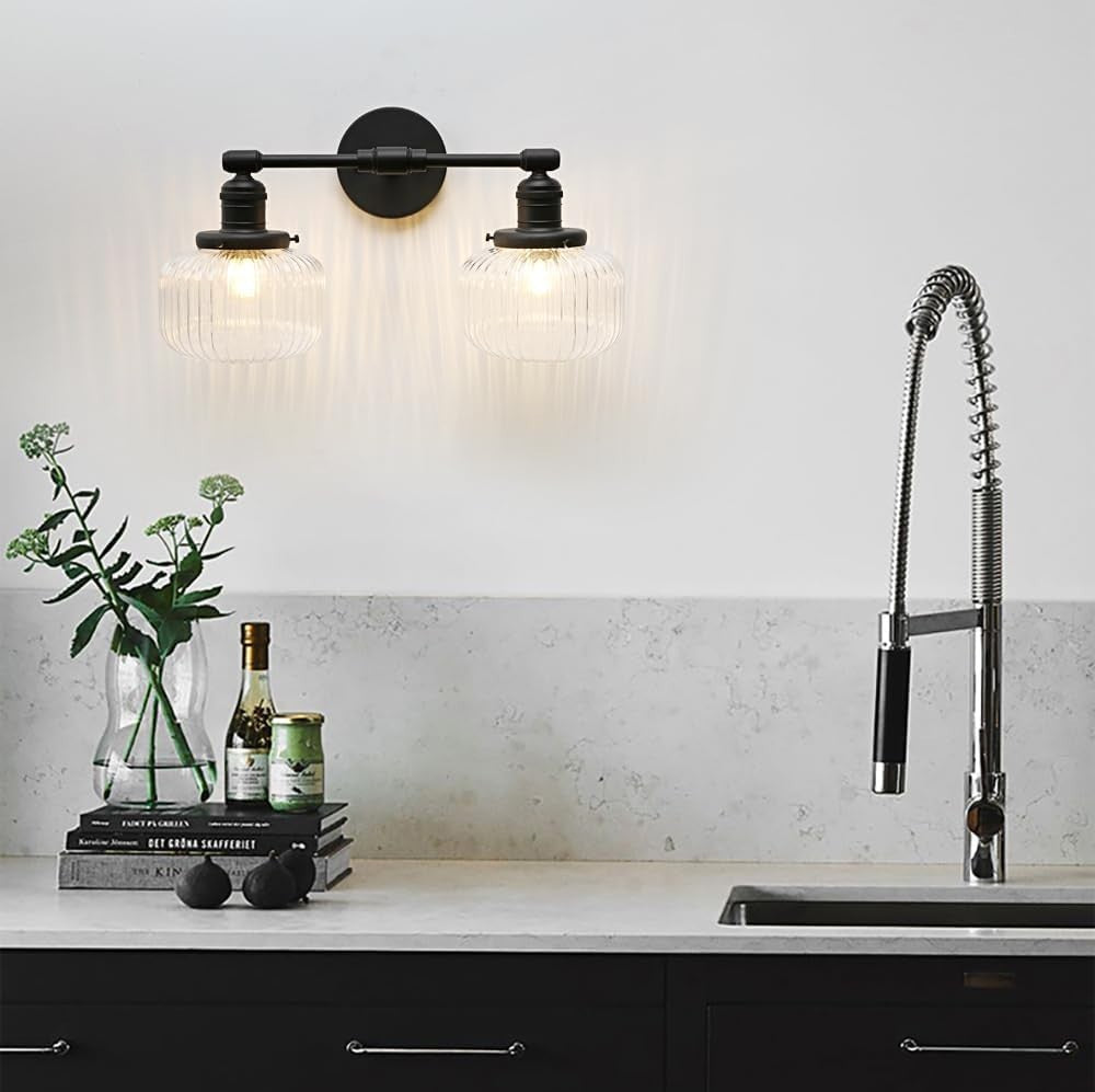 Industrial 2-Light Black Glass Wall Sconce | Vintage Bathroom Vanity Light