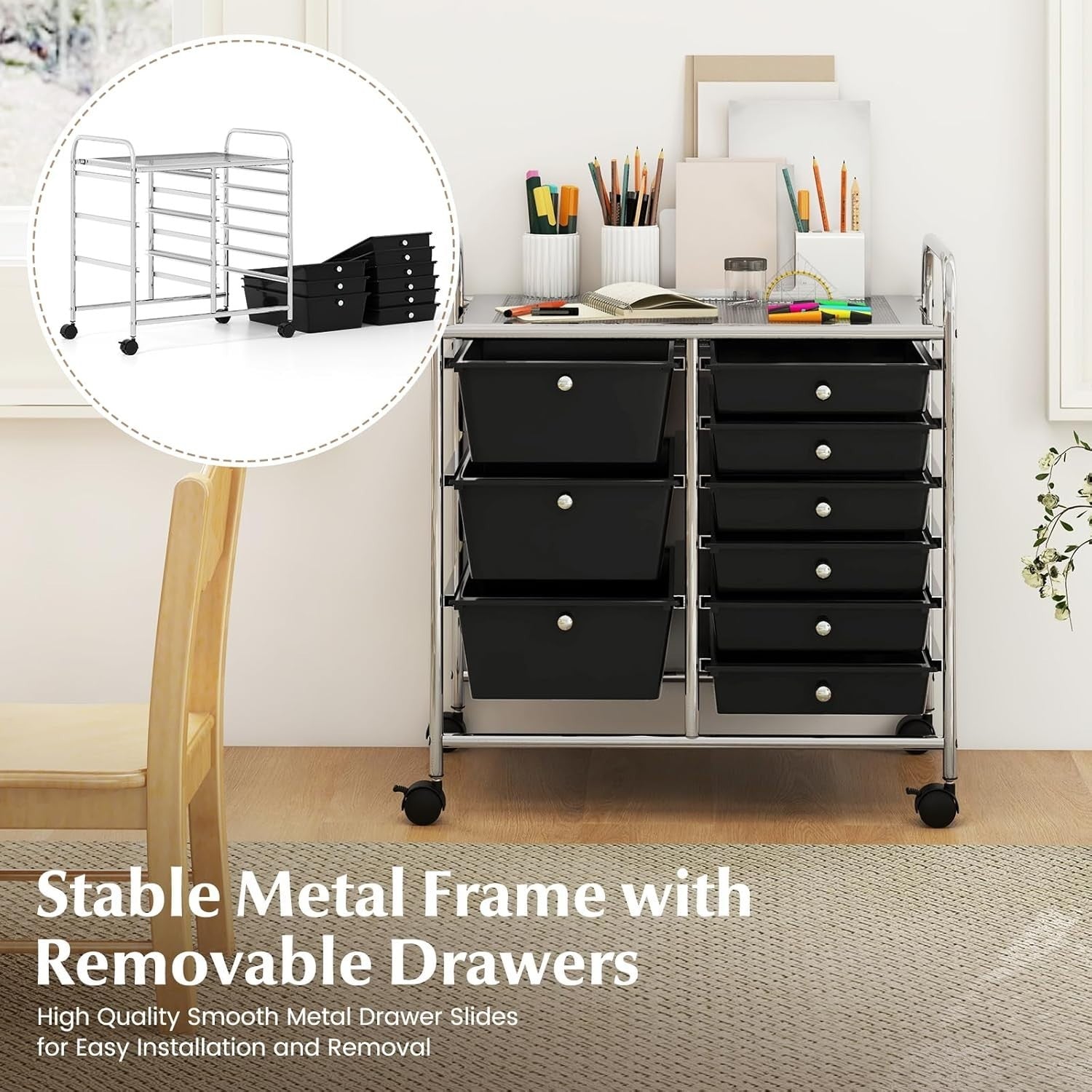 9 Drawer Rolling Storage Organizer Cart Utility Trolley Black