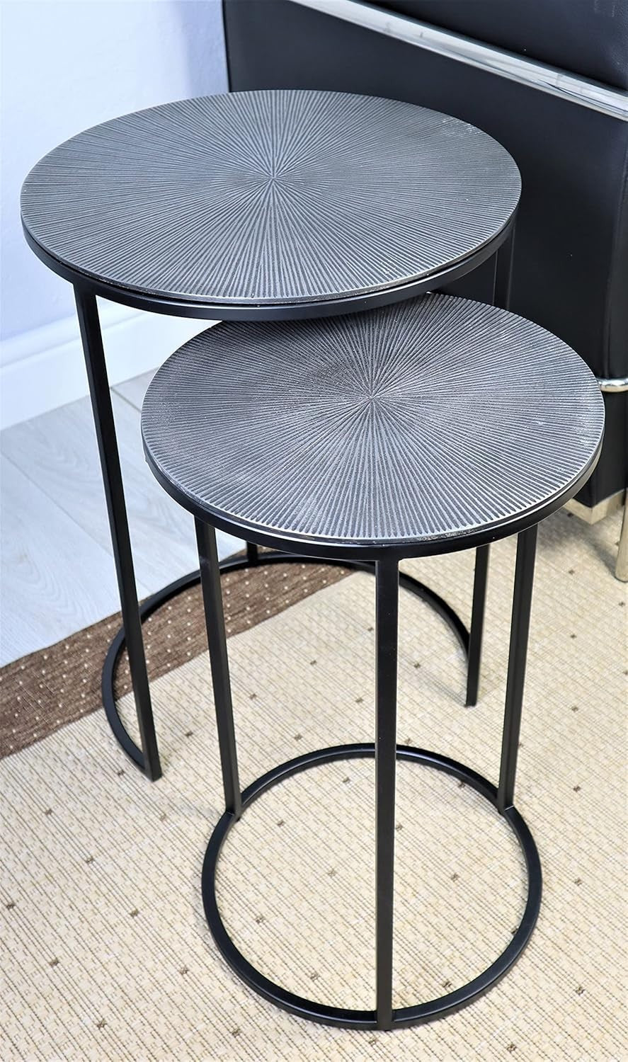 Round Accent Side Table Antique Silver Black Cast Aluminum Metal Top