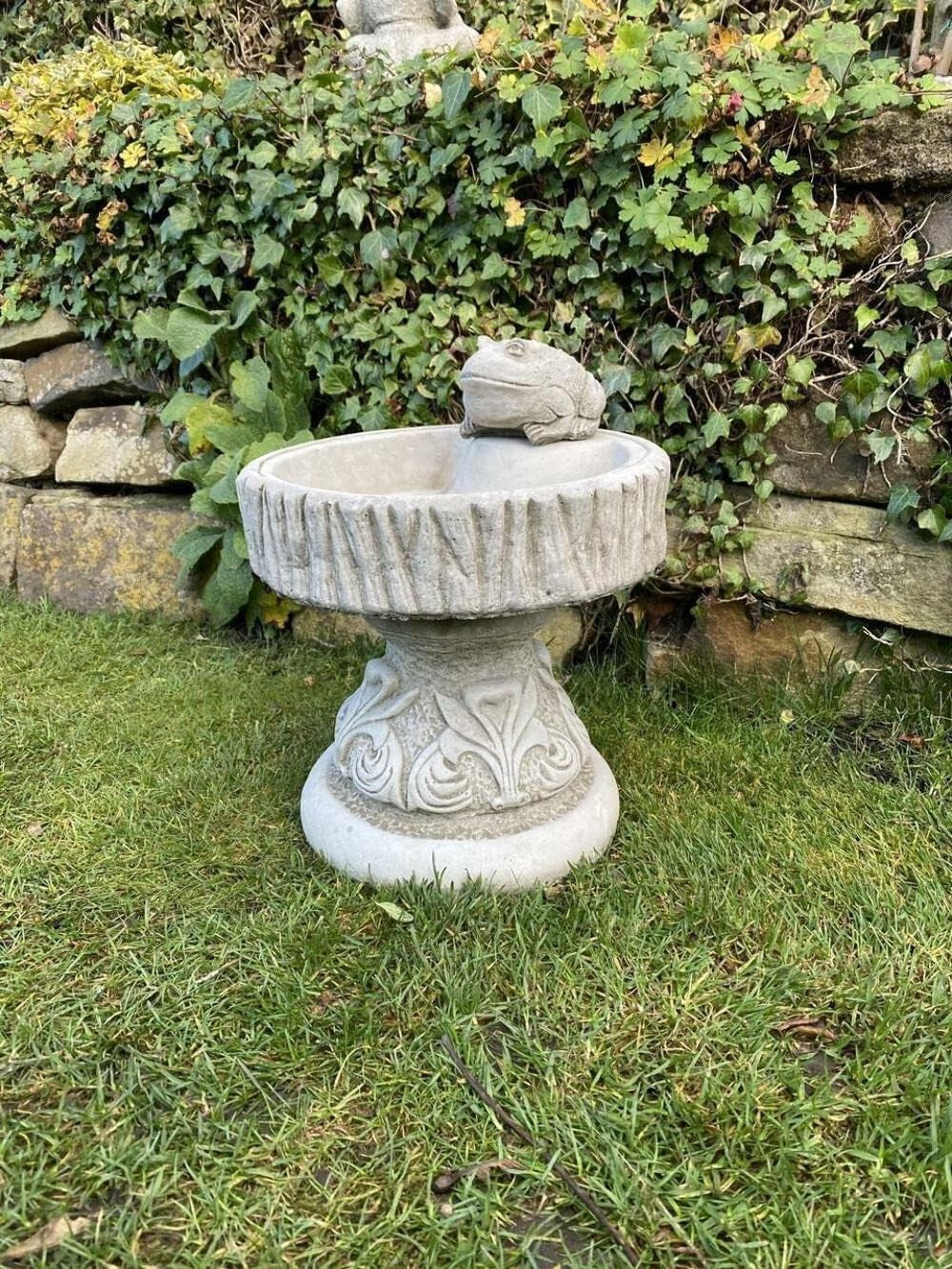 Round Stone Bird Bath with Frog | Hand Finished Garden Ornament Sculpture