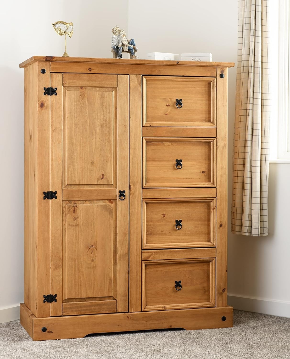 Rustic Pine Wardrobe 1 Door 4 Drawers Bedroom Storage with Hanging Rail