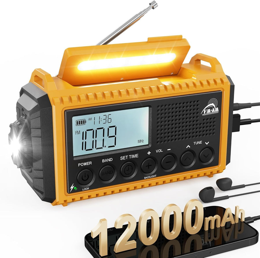 Emergency Radio AM/FM/SW Solar Hand Crank 12000mAh Waterproof Torch