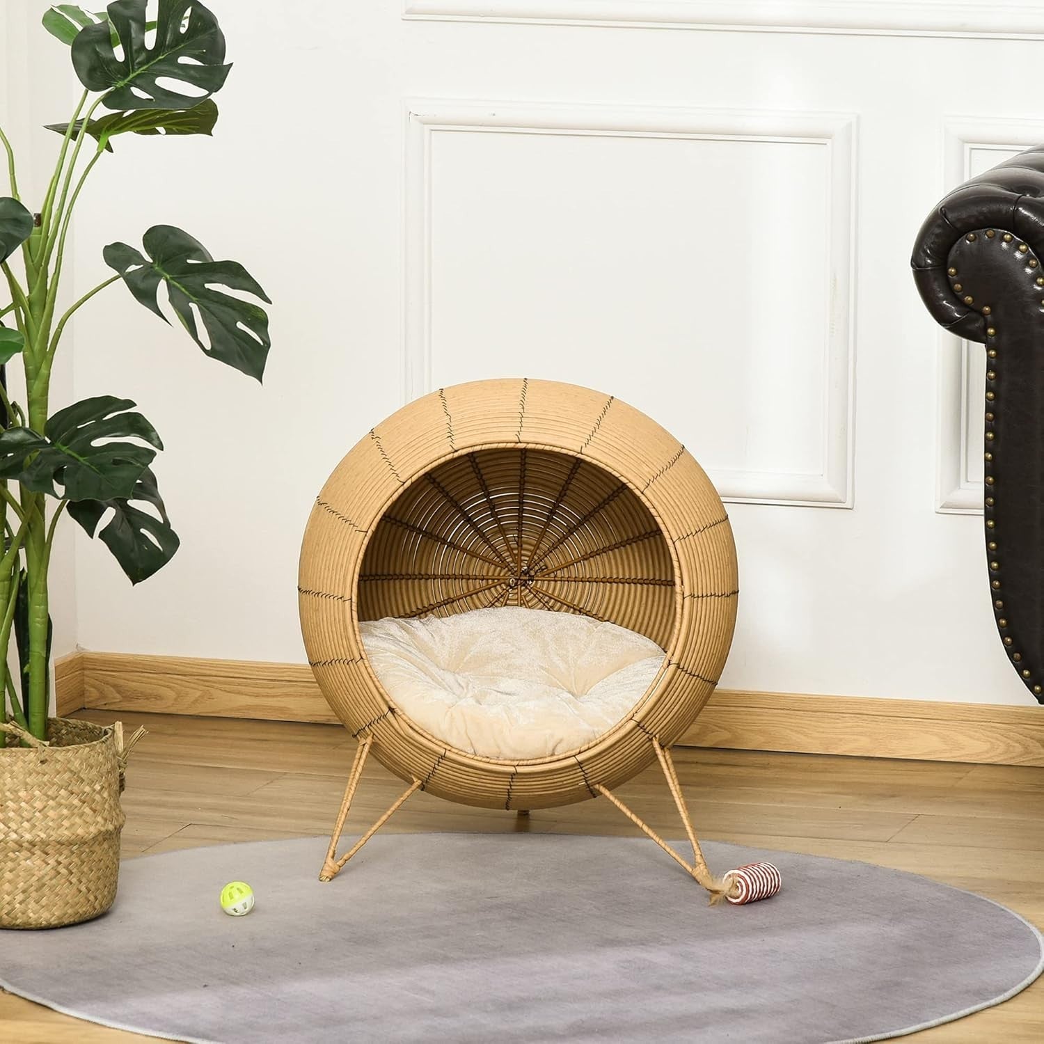 Elevated Wicker Cat Bed Rattan Pet Cave House w Cushion 52cm