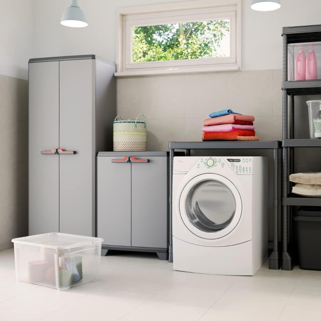 Low Garage Storage Cabinet | Heavy Duty Plastic Cupboard with Shelves & Lock