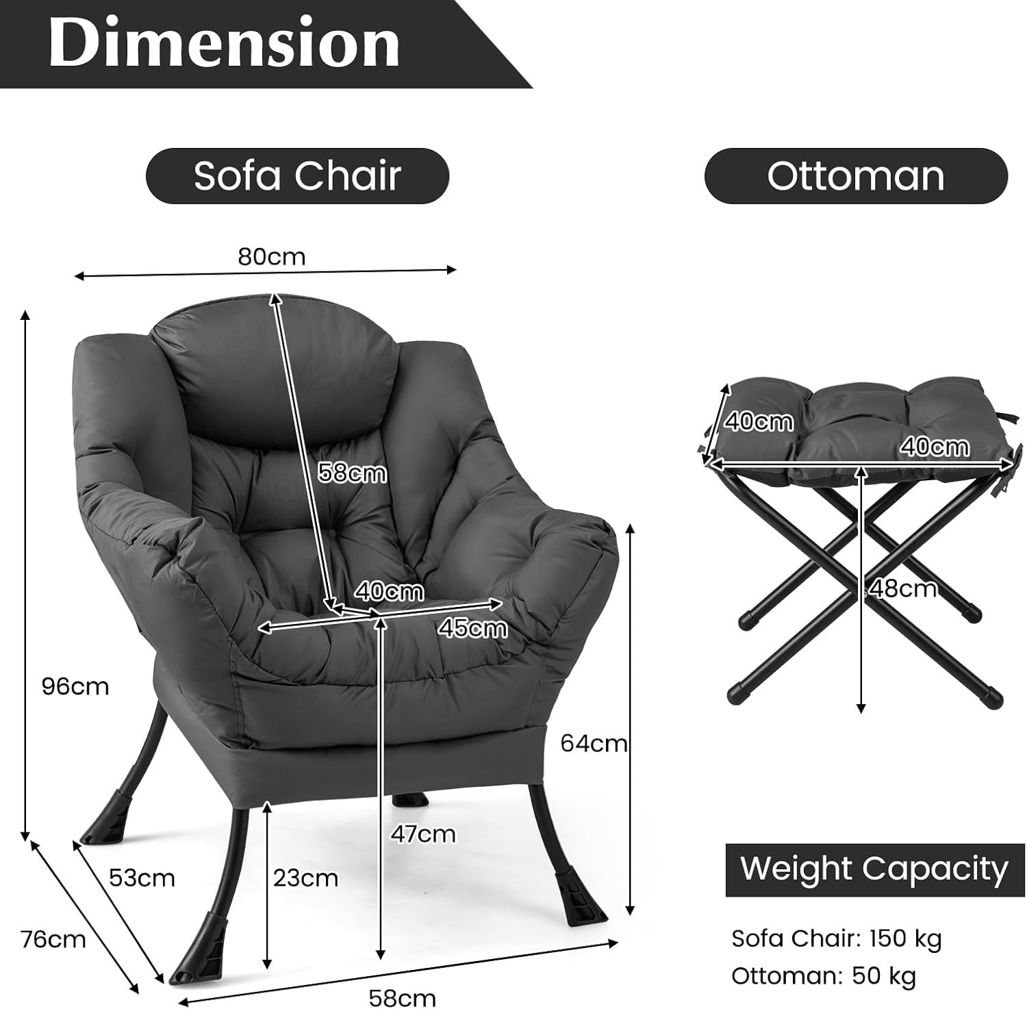 Fabric Lounge Armchair with Footstool Comfy Reading Chair Grey
