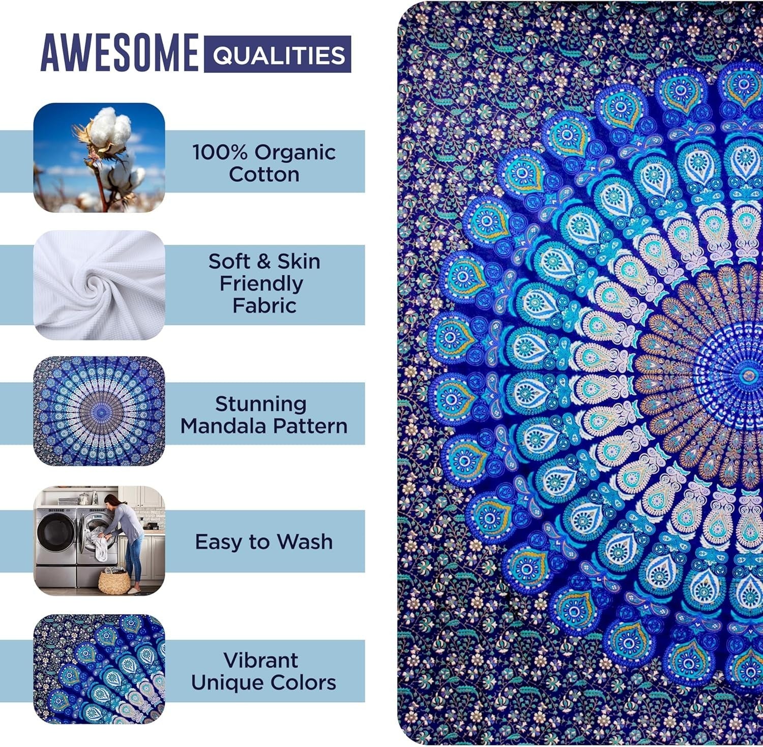 Blue Mandala Tapestry 30x40in Boho Wall Hanging Cotton Decor