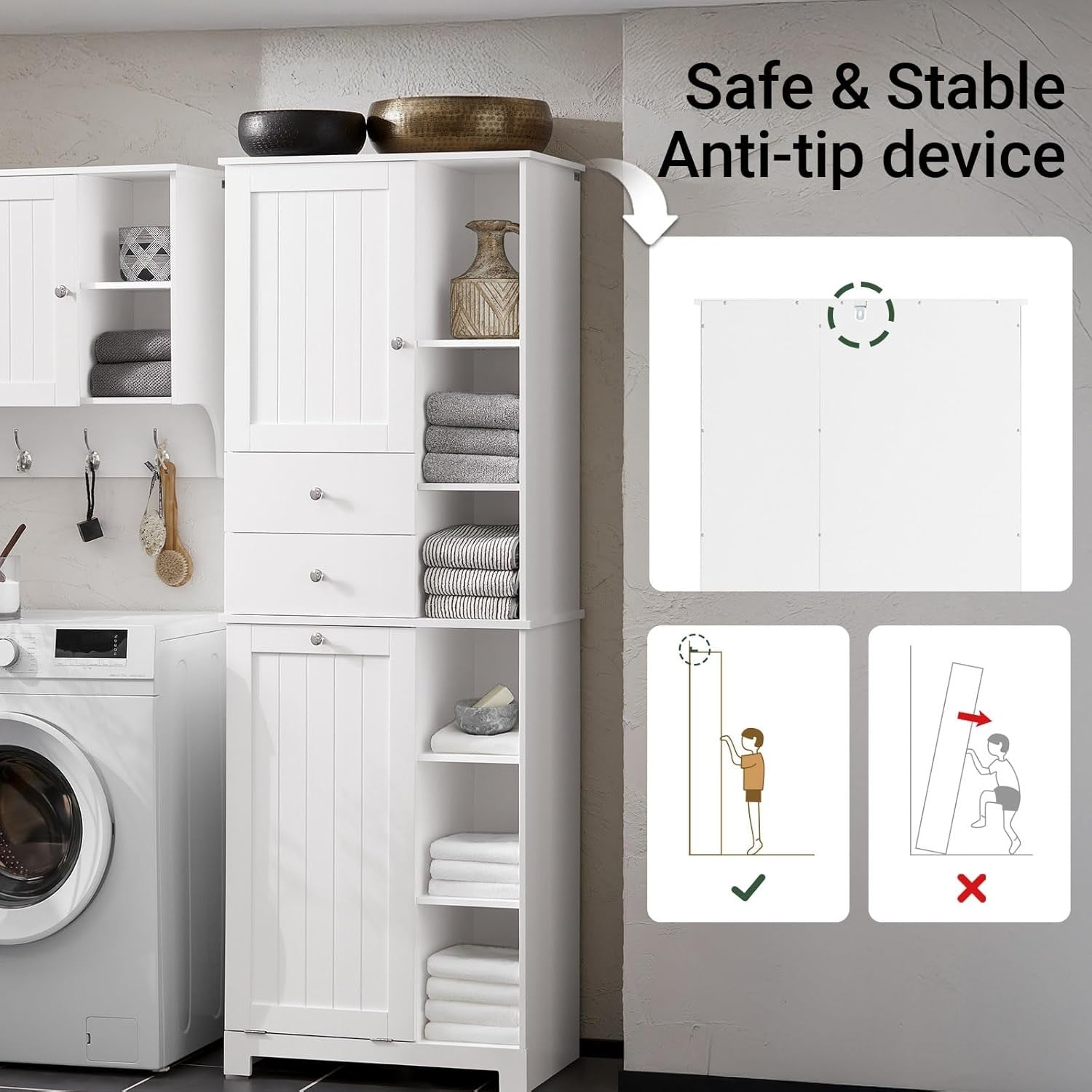 Tall Slim Bathroom Storage Cabinet with Laundry Basket Shelves White
