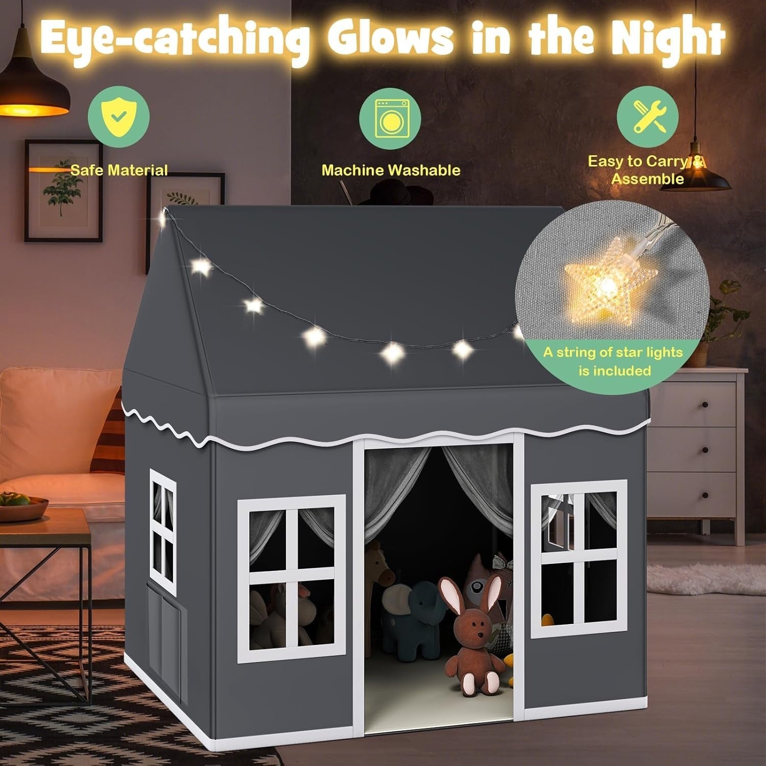 Large Kids Play Tent Indoor Outdoor Castle w Star Lights Non Slip Mat