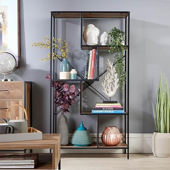 Large Open Shelving Display Unit Weathered Oak Effect Storage Rack Metal Frame