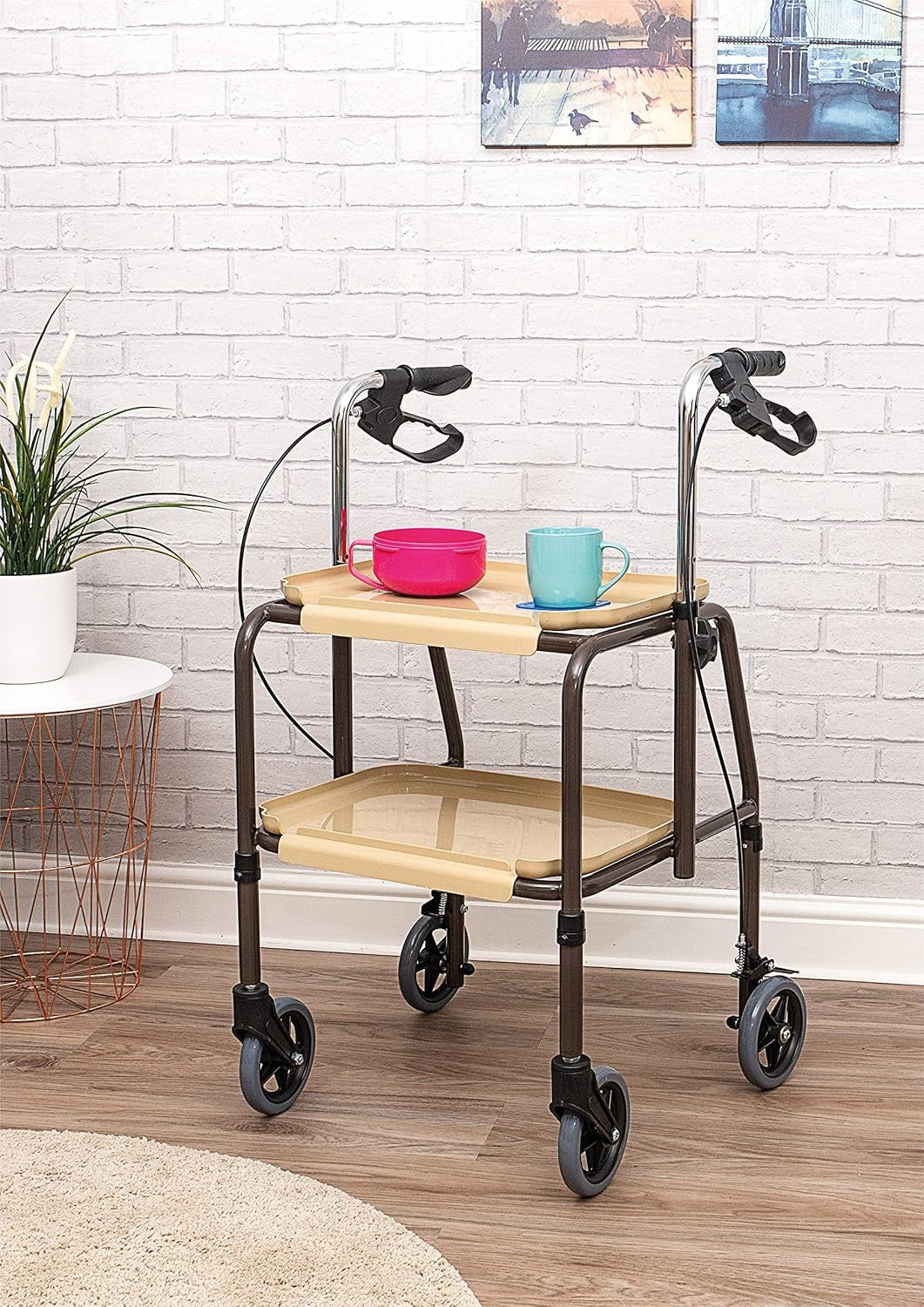 Height Adjustable Mobility Trolley Walker with Brakes 4 Wheel Storage Trays