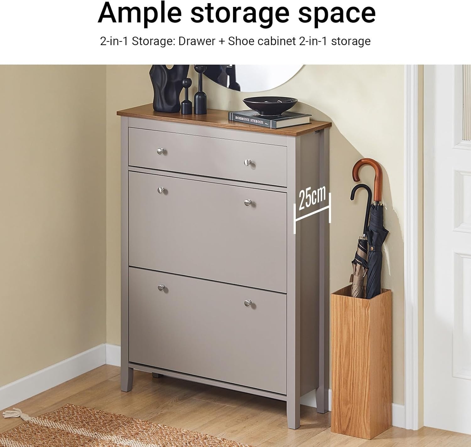 Slim Wooden Shoe Storage Cabinet with Drawer & Flip Drawers, 12-Pair Capacity
