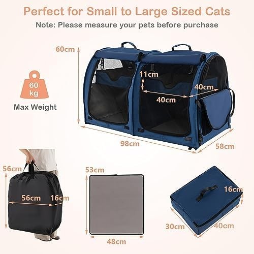 Foldable 2-in-1 Pet Carrier Navy Cat Dog Travel Crate with Hammocks & Litter Box