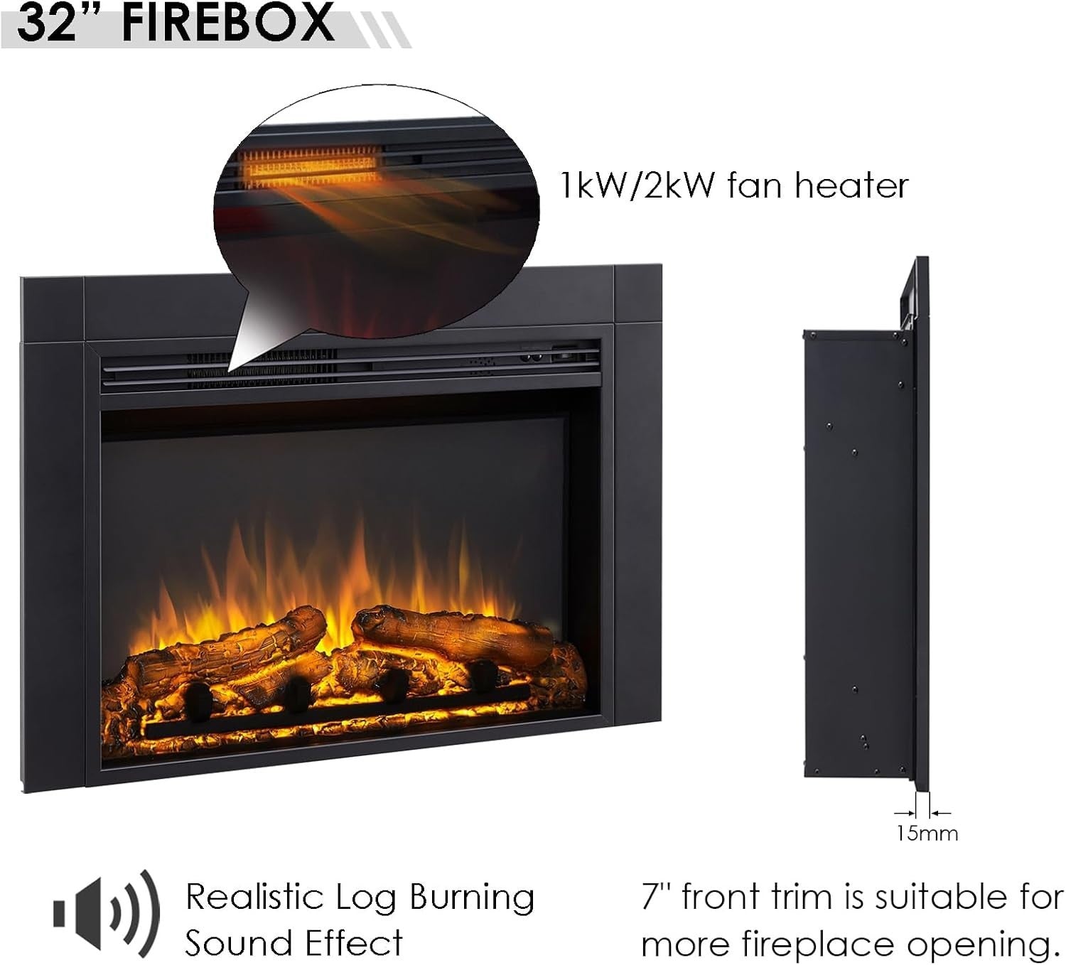 Electric Fireplace Insert 82cm Built-In LED Flame Heater Remote Control