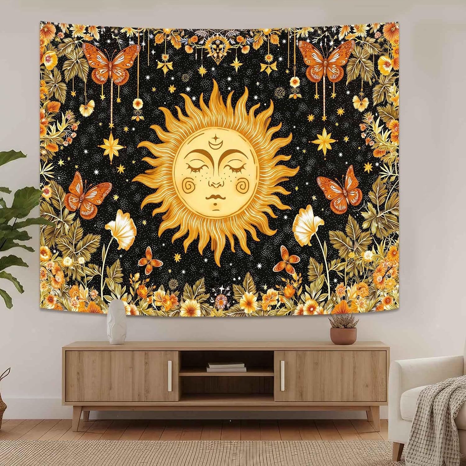 Sun Face Wall Tapestry 90x70" Boho Celestial Bedroom Decor