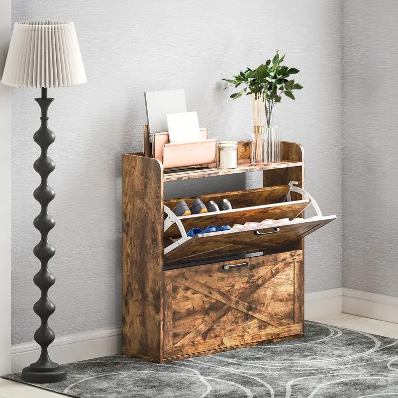 Rustic Farmhouse Shoe Cabinet with Flip Drawers & Barn Door Design – 80cm