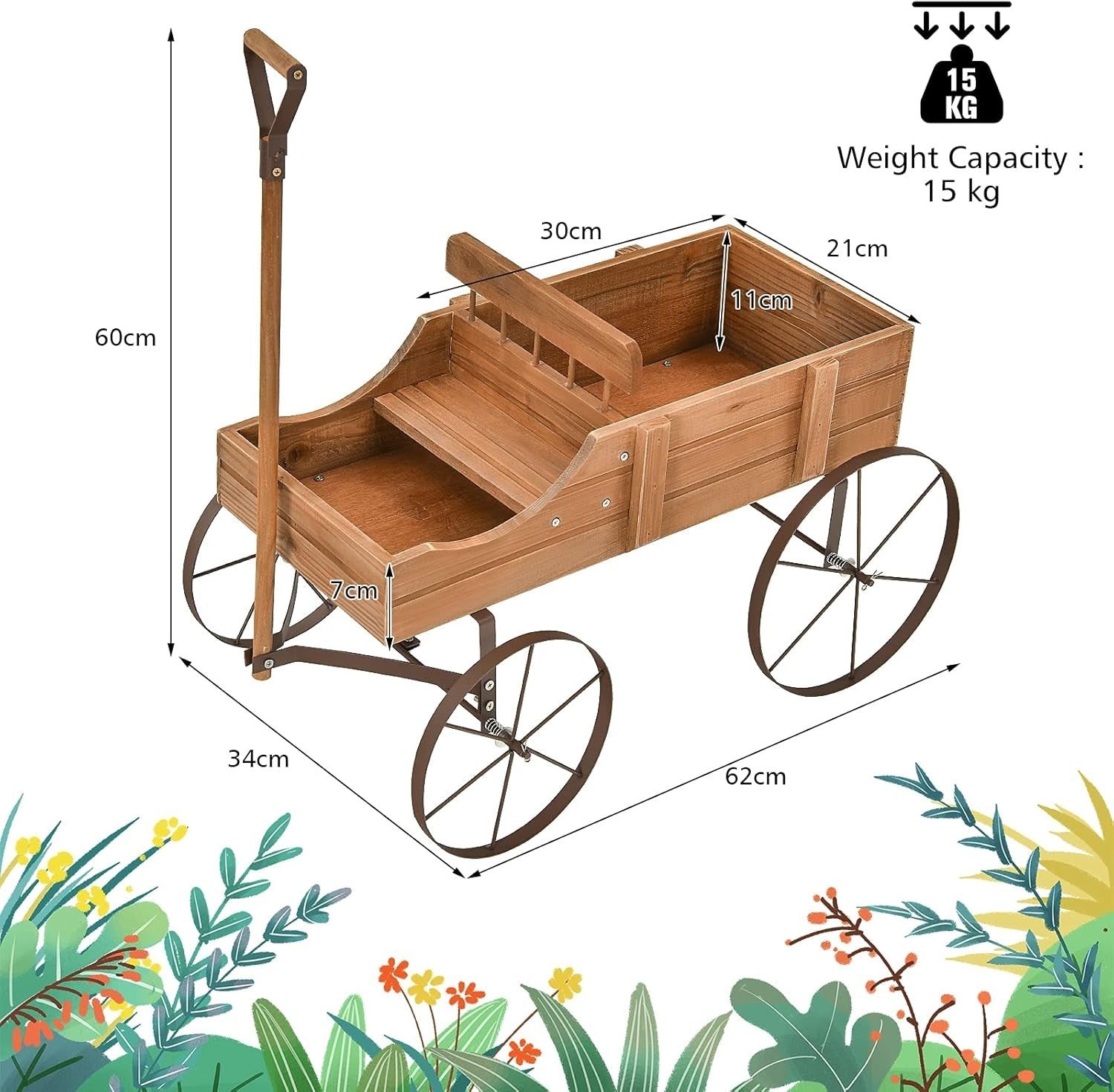 4-Wheel Wooden Garden Wagon & Brown Planter Cart w/ Handle for Outdoor Plants