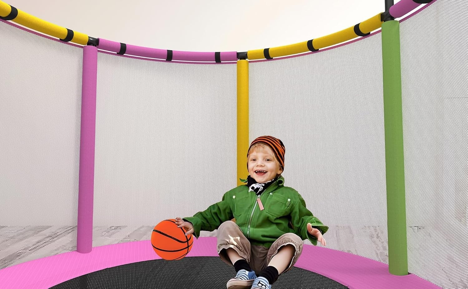 Kids Trampoline with Basketball Hoop Rings Pull-Up Bar Indoor Outdoor