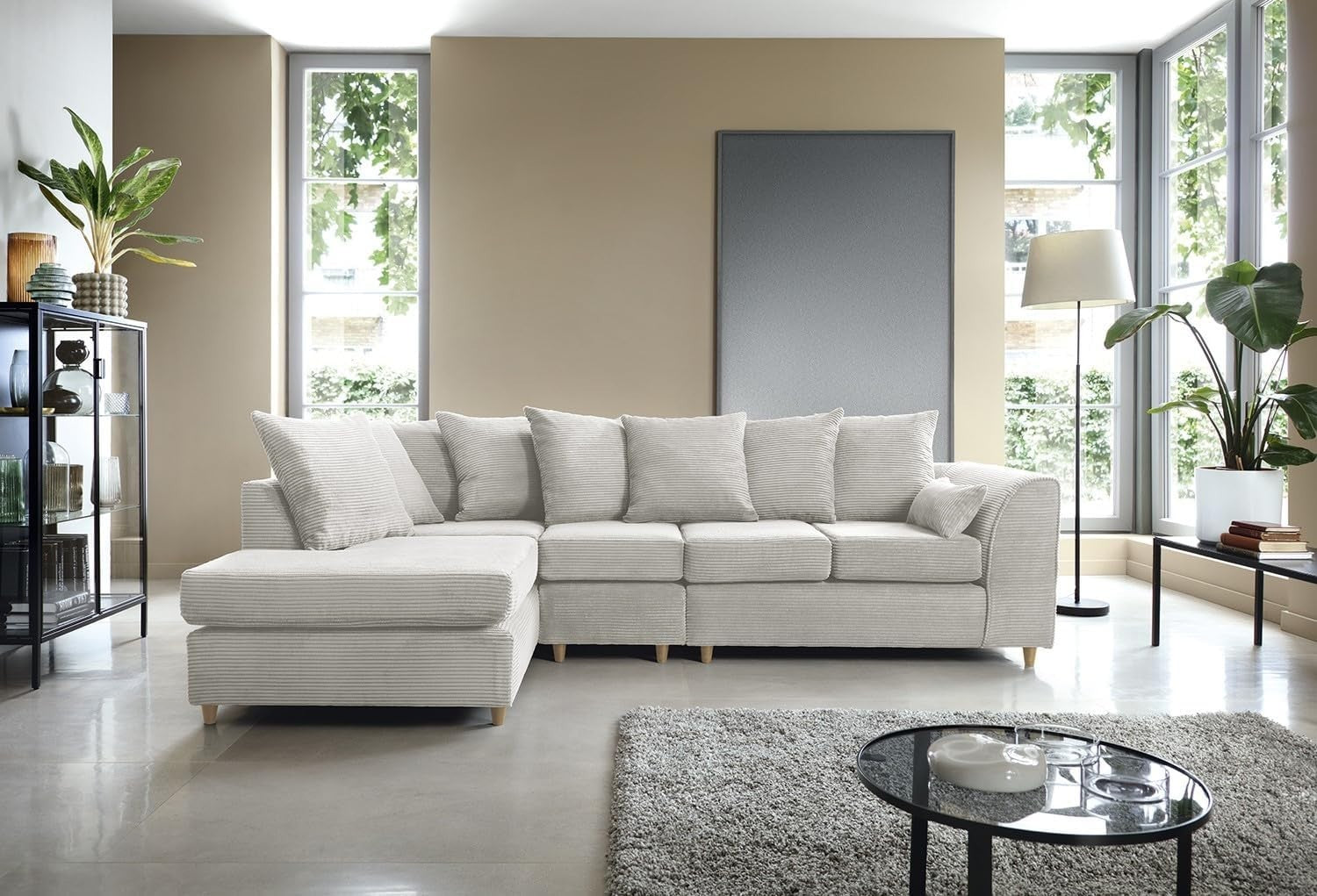 Cream 5-Seater L-Shape Sofa Scatter Back Cushions Armrest Left Hand